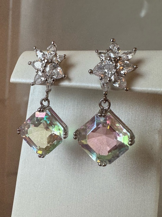 Vintage Jewelry - S925 mystic clear topaz quartz earrings asscher cut gem 4 carats each AB crystal